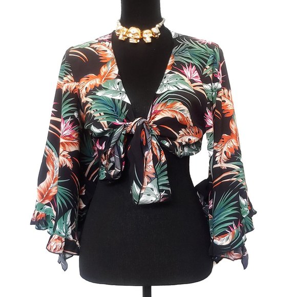 Tropical Print Bell Sleeve Crop Top Tropigoth Tiki Fashion - Picture 1 of 4